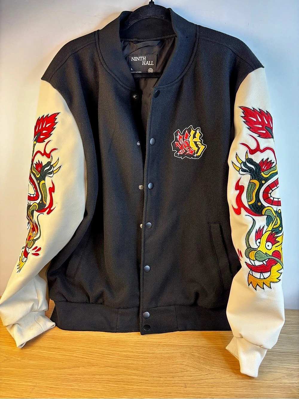 Ninth Hall Embroidered Dragon Black & Cream Varsity Jacket Mens Large